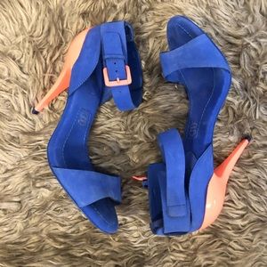 Blue and pink strappy heel